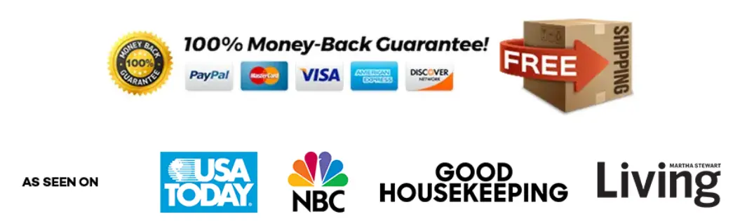 Bellyflush trust badges: money-back guarantee, secure payment options and free shipping